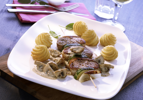 Spiedini con salsa di senape e Patate Duchesse